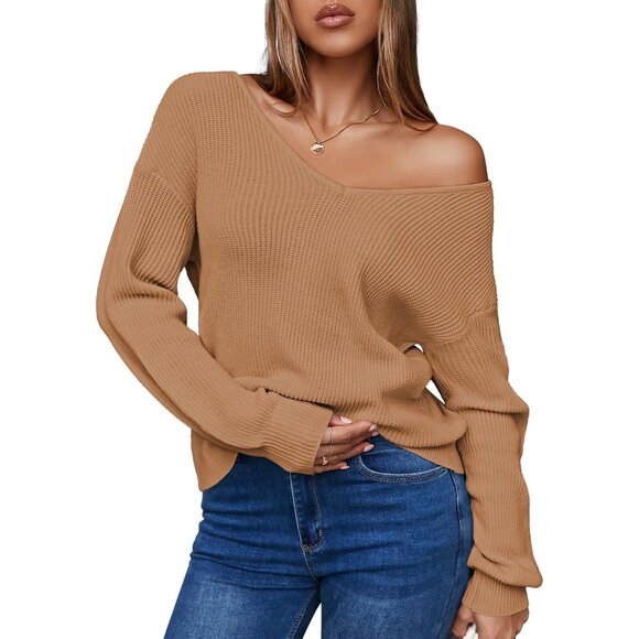 Womens Pullover Sweater Knit Long Sleeve V Neck Casual Loose Fit - Picture 4 of 6